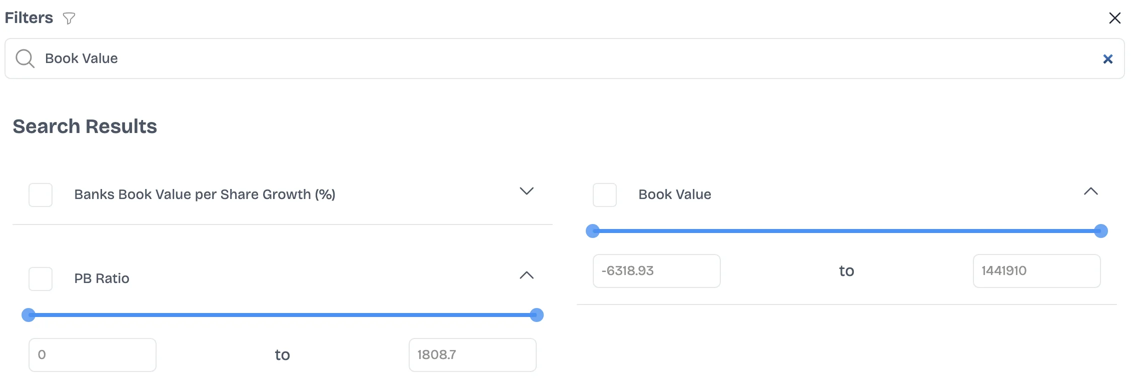 Book Value and PB Ratio filters on Multibagg's stock screener, each with a minimum and maximum range input