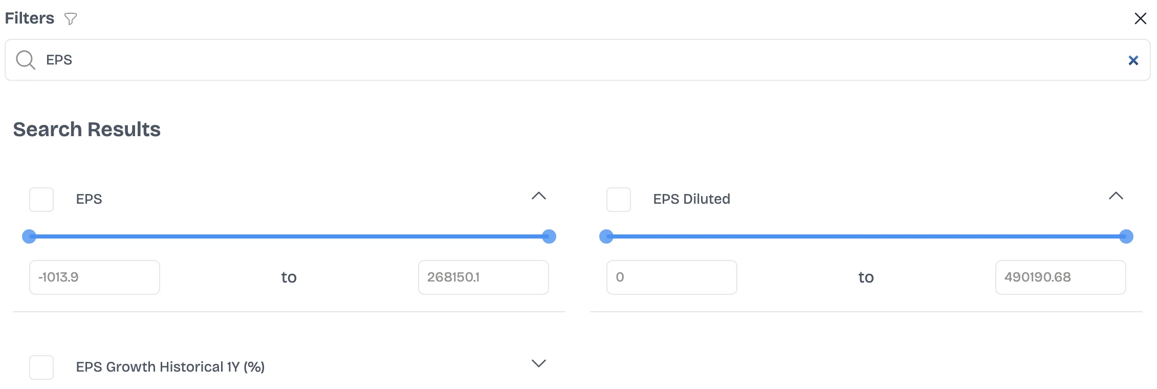 EPS and EPS Diluted shown as two separate filter fields on Multibagg's stock screener, each with its own range input